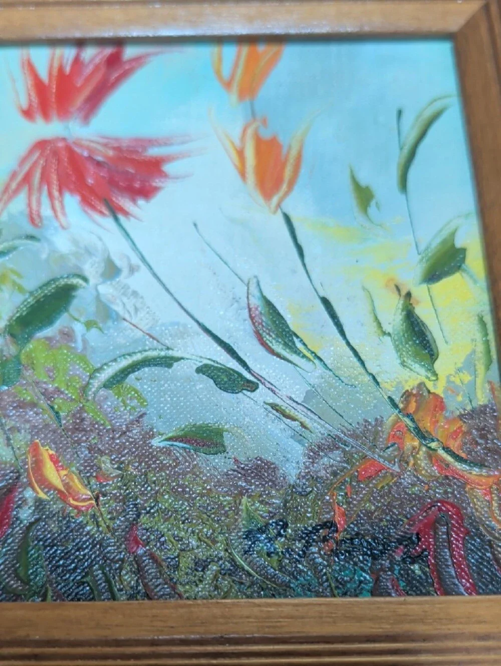 Vintage Framed Floral Canvas Art Paintings Pair Red Green Flowers Nature Signed